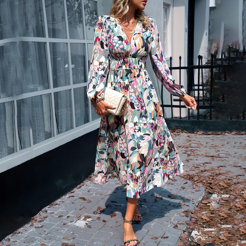 đ„Bedrucktes lĂ€ssiges Boho-Kleid mit V-Ausschnitt fĂŒr Frauenđ„