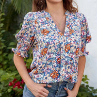 đ¸Bluse mit Blumenmuster und Puffärmeln und V-Ausschnitt fĂźr Damen