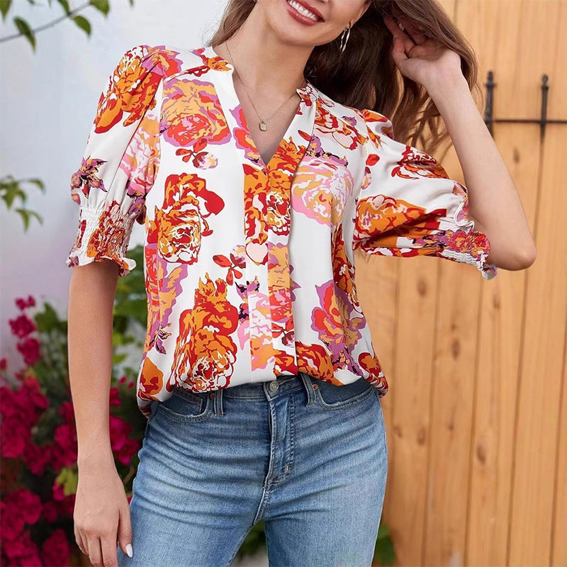 đ¸Bluse mit Blumenmuster und Puffärmeln und V-Ausschnitt fĂźr Damen