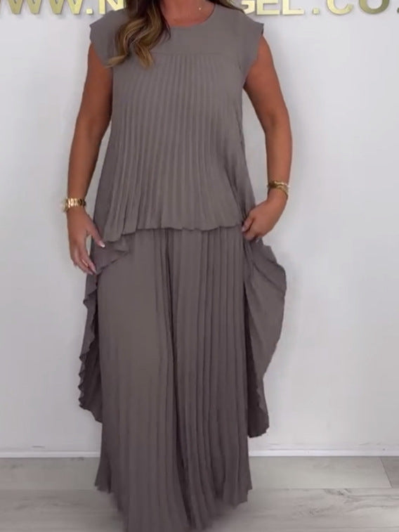 ✨50% Rabatt🌸Laney Set aus plissiertem, kurzärmligem, unregelmäßigem Midi-Top und Hose mit weitem Bein und elastischer Taille