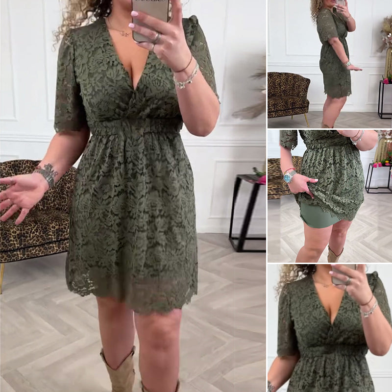 😎Elegantes Damen-Spitzenkleid mit V-Ausschnitt😎