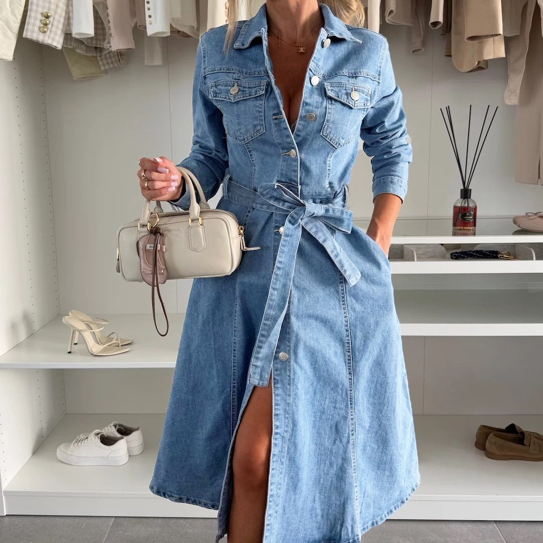 🔥 LETZTER TAG VERKAUF 50% RABATT🔥👗Damen-Jeanskleid mit Knopfleiste und langen Ärmeln