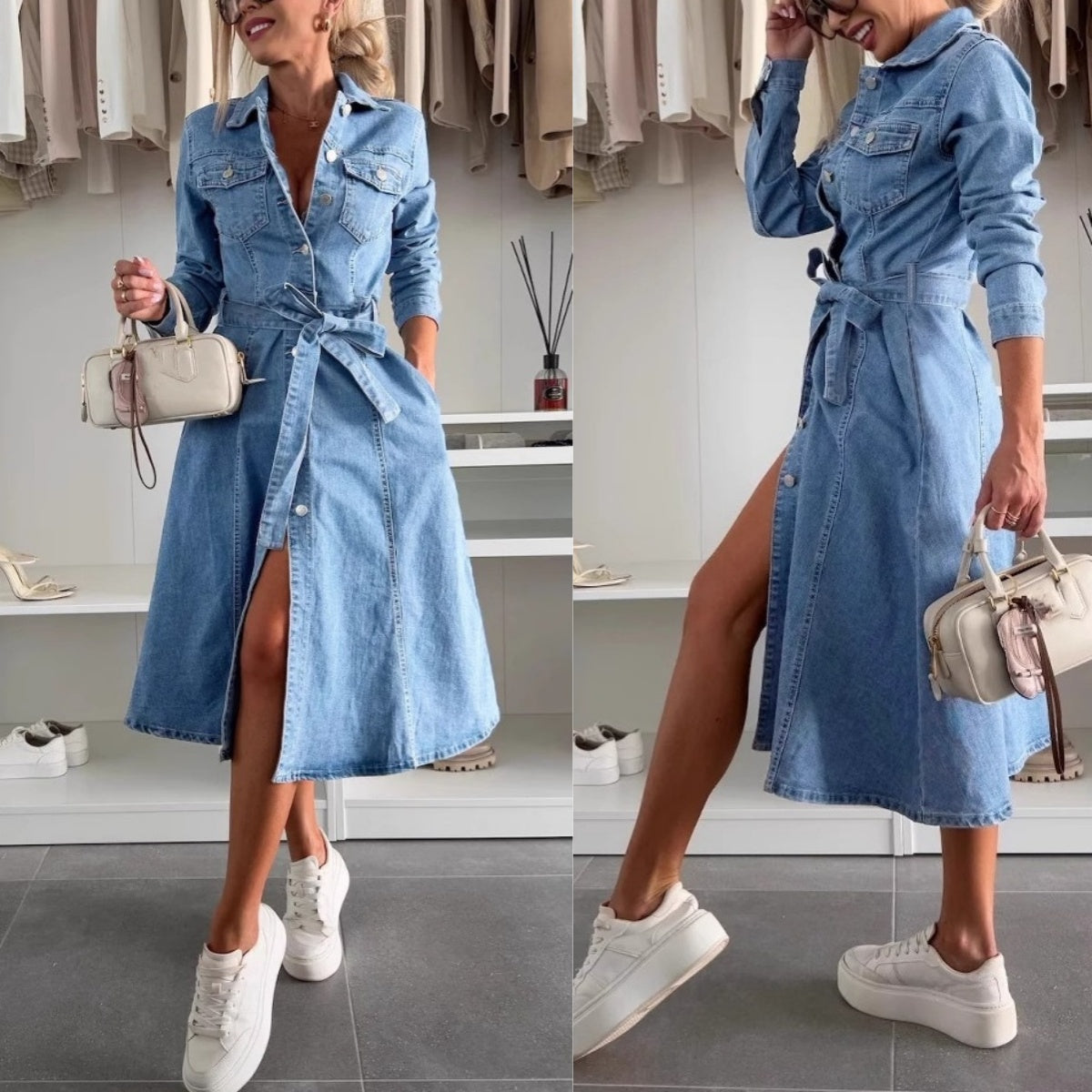 🔥 LETZTER TAG VERKAUF 50% RABATT🔥👗Damen-Jeanskleid mit Knopfleiste und langen Ärmeln