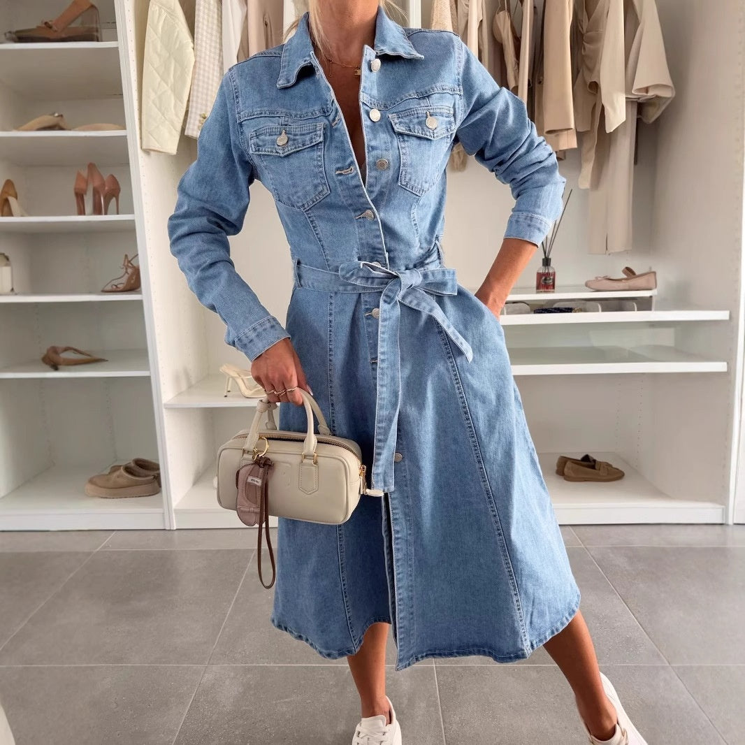 🔥 LETZTER TAG VERKAUF 50% RABATT🔥👗Damen-Jeanskleid mit Knopfleiste und langen Ärmeln