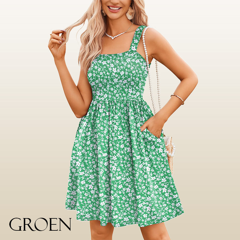 ⏰Heißer Verkauf 50% Rabatt💃Sommerkleider für Damen, lässiges Sommerkleid mit quadratischem Ausschnitt und Blumenmuster und Taschen