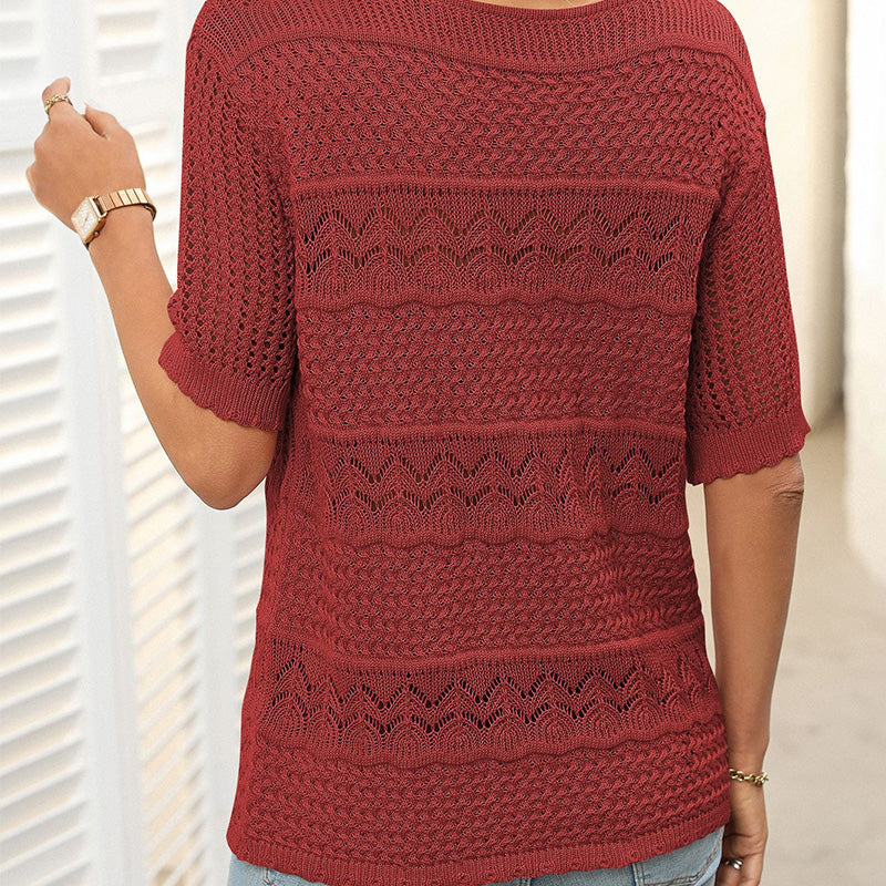 Damen Rundhalsausschnitt hohl gestrickt häkeln Kurzarm Pullover