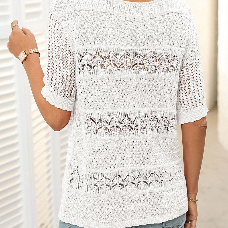 Damen Rundhalsausschnitt hohl gestrickt häkeln Kurzarm Pullover