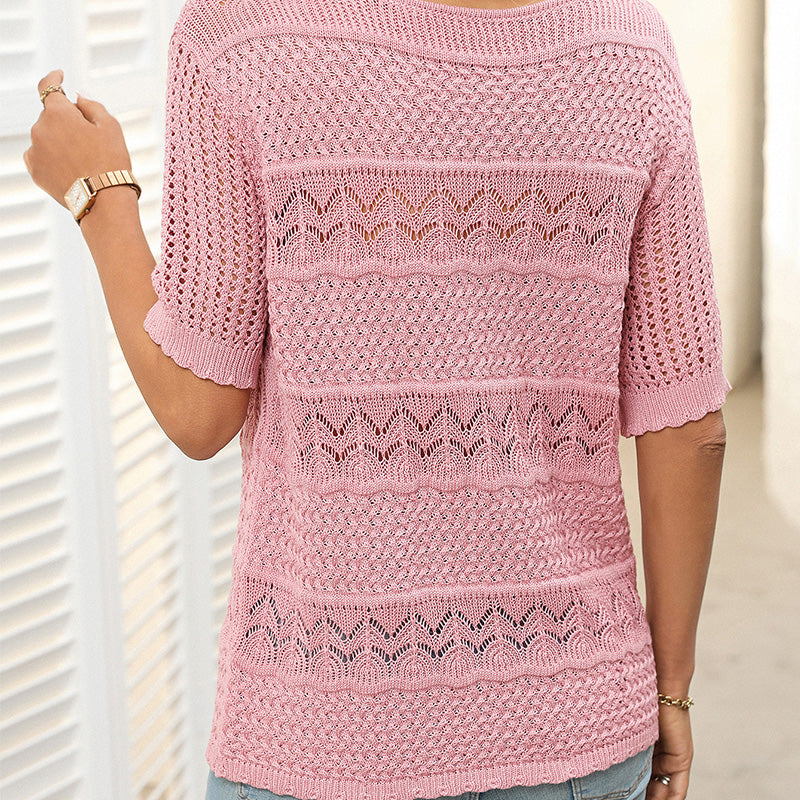 Damen Rundhalsausschnitt hohl gestrickt häkeln Kurzarm Pullover