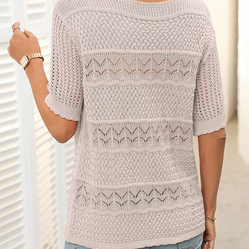 Damen Rundhalsausschnitt hohl gestrickt häkeln Kurzarm Pullover