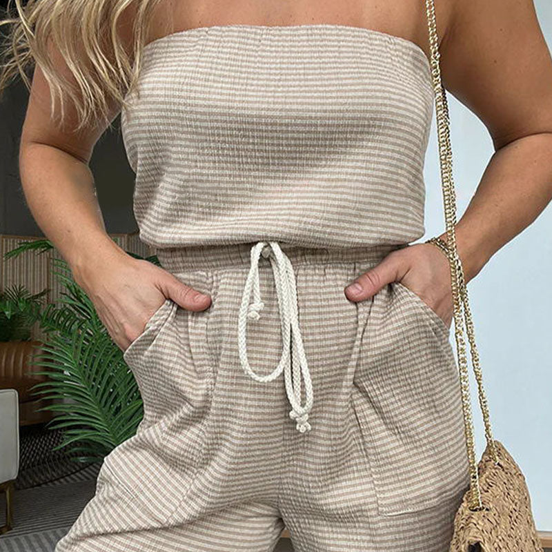 Sommer Einfacher gestreifter trägerloser Overall mit weitem Bein