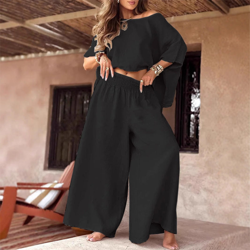 💕 Lässiges schulterfreies Damen-Top und Hose mit weitem Bein, zweiteiliges Set