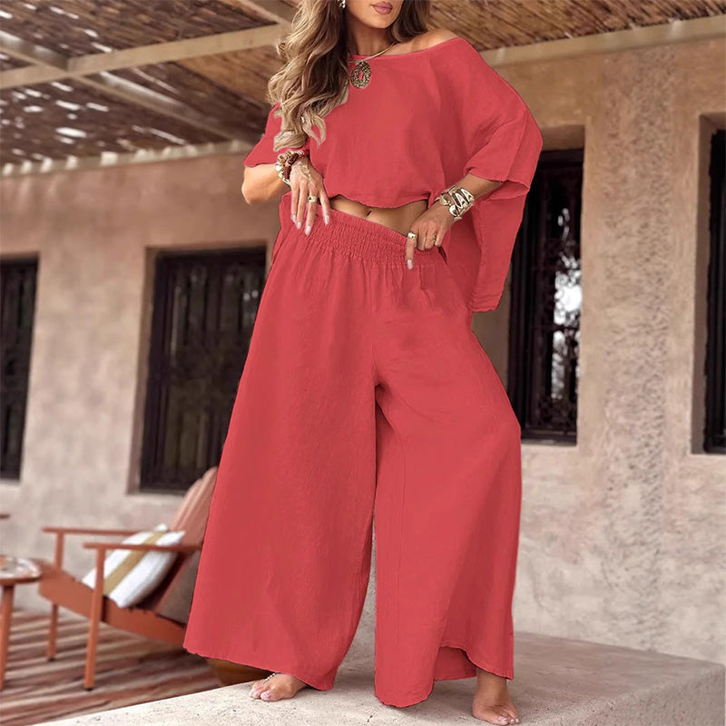 💕 Lässiges schulterfreies Damen-Top und Hose mit weitem Bein, zweiteiliges Set
