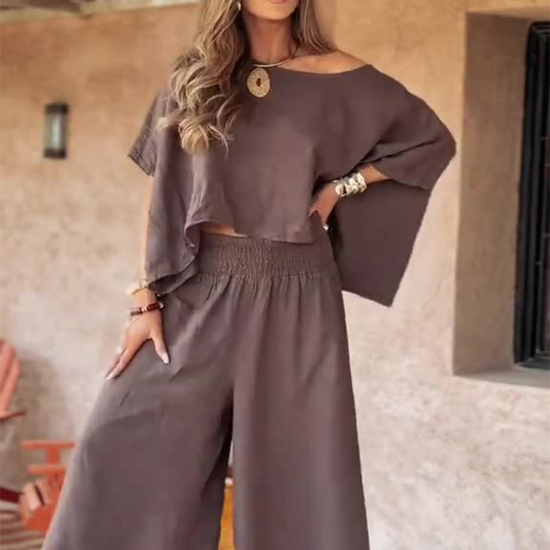 💕 Lässiges schulterfreies Damen-Top und Hose mit weitem Bein, zweiteiliges Set