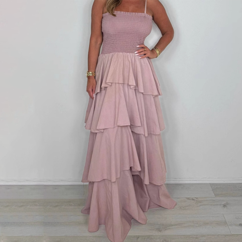 🥰Einfarbiges Kleid mit Spaghettiträgern und gestuftem Rock