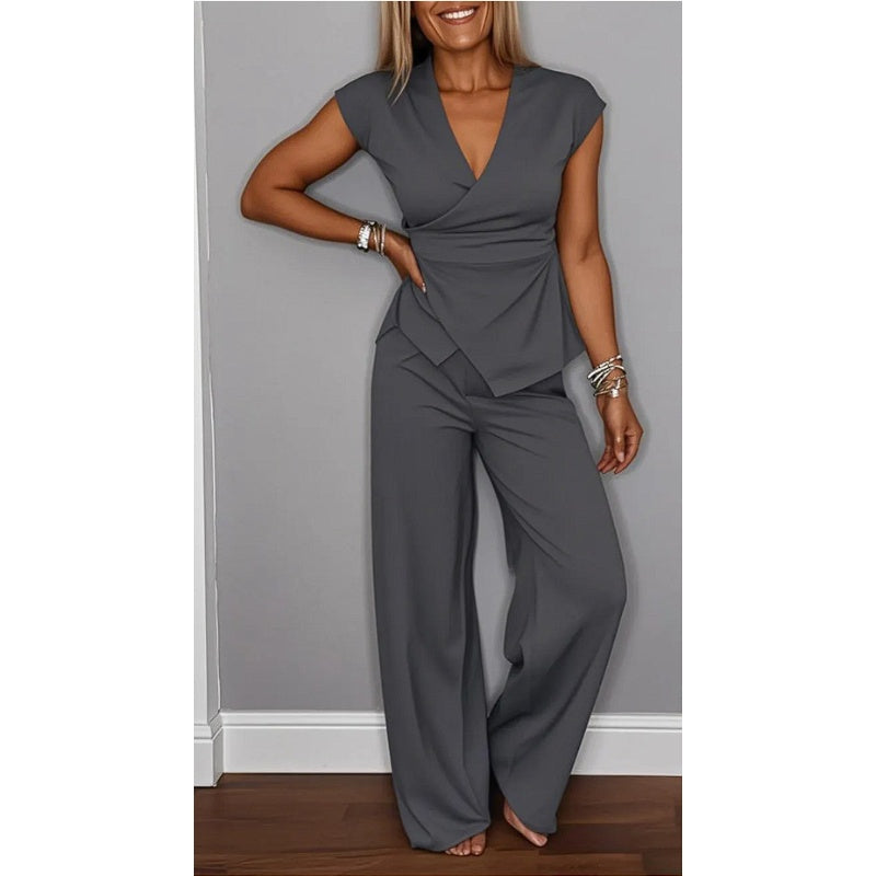 🔥Damen elegantes Set: Oberteil mit V-Ausschnitt und Hose