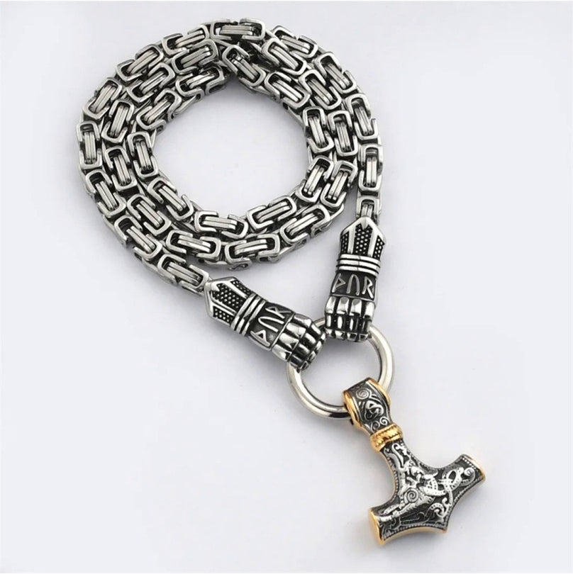đ„ 50% RABATT | Wikinger Thor Hammer Halskette â Edelstahl Byzantinische Kette | Silber & Gold | 60â70 cm âĄ