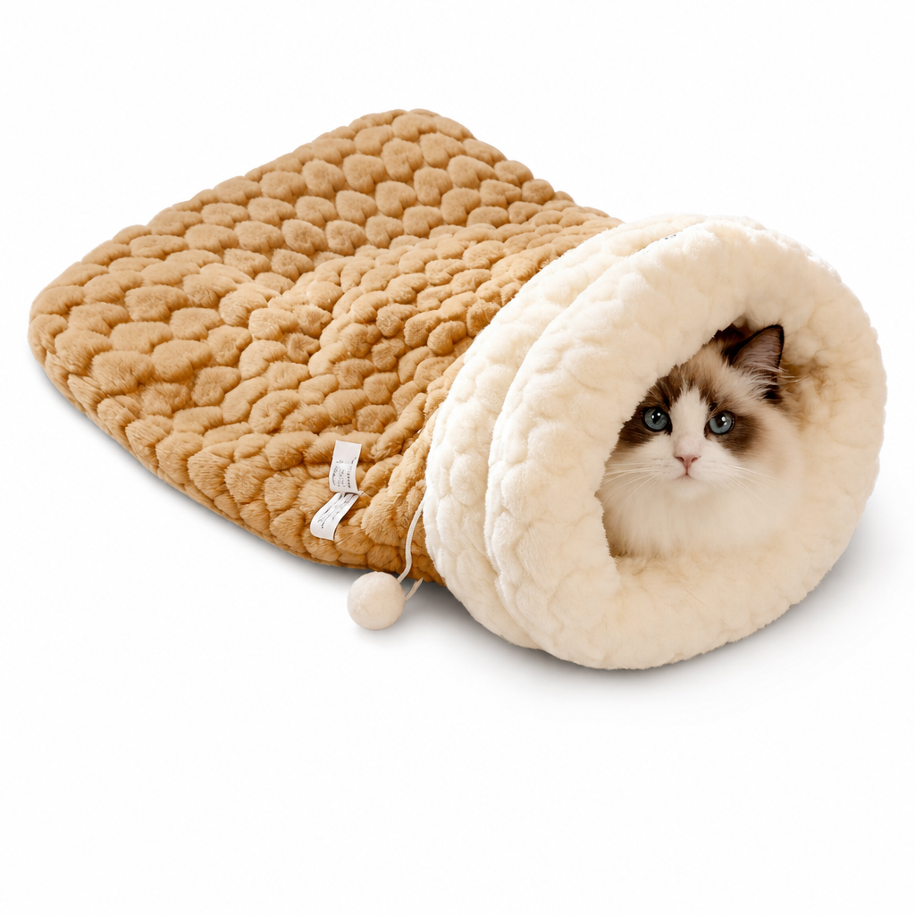 🔥😺Verdicktes warmes Katzen-Schlafsack Bett|gemütliches Plüsch-Höhlenbett + Matte, super kuschelig für Herbst & Winter❄️🧸
