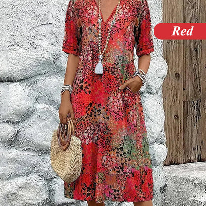 🎁Letzter Tag Hot Sale 50% Rabatt💃Bedrucktes Midikleid mit V-Ausschnitt für Damen