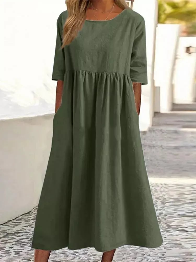 🌸🌸Frauen gelegentlich grundlegender Outdoor -Crew -Nahrung Taschenpocket Smocked Baumwollkleid