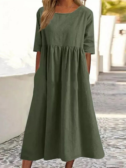 🌸🌸Frauen gelegentlich grundlegender Outdoor -Crew -Nahrung Taschenpocket Smocked Baumwollkleid