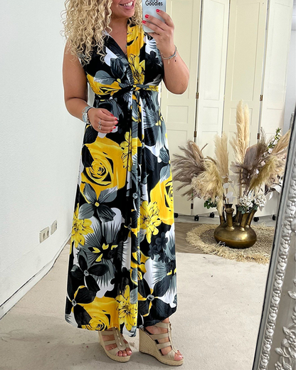 🔥Neue Sonderangebote - 49% RABATT😍Elegantes, ärmelloses Plisseekleid mit Blumendruck