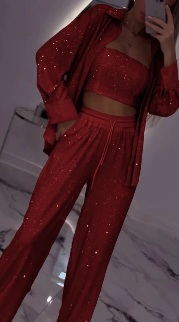 💕2025 HEISSER 60%OFF VERKAUF 💐Paillettenblazer und weite Hose für Damen (3-teiliges Set)