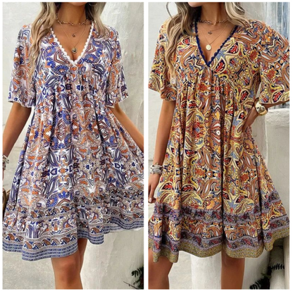 🔥Schneller Abverkauf – 50 % Rabatt👗Minikleid mit Blumenmuster und V-Ausschnitt und kurzen Ärmeln für Damen