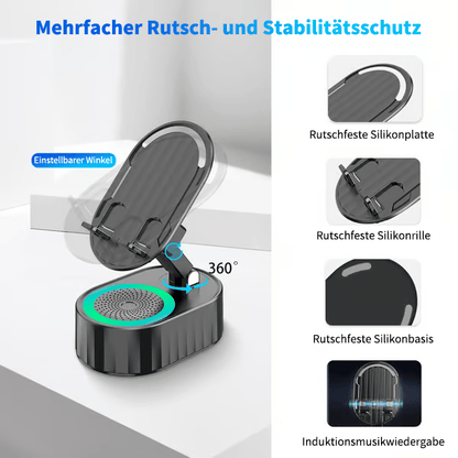 ✨📱5-in-1 Handyhalterung mit kabellosem induktivem Audio-Bluetooth-Lautsprecher, 360° drehbarer LED-Halterung und universeller Lautsprecherhalterung🔈