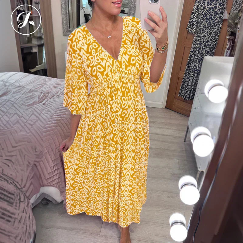 🎁Letzter Tag Hot Sale 50% Rabatt💃Bohemian Vintage V-Ausschnitt Floral Lässige Lange Kleider