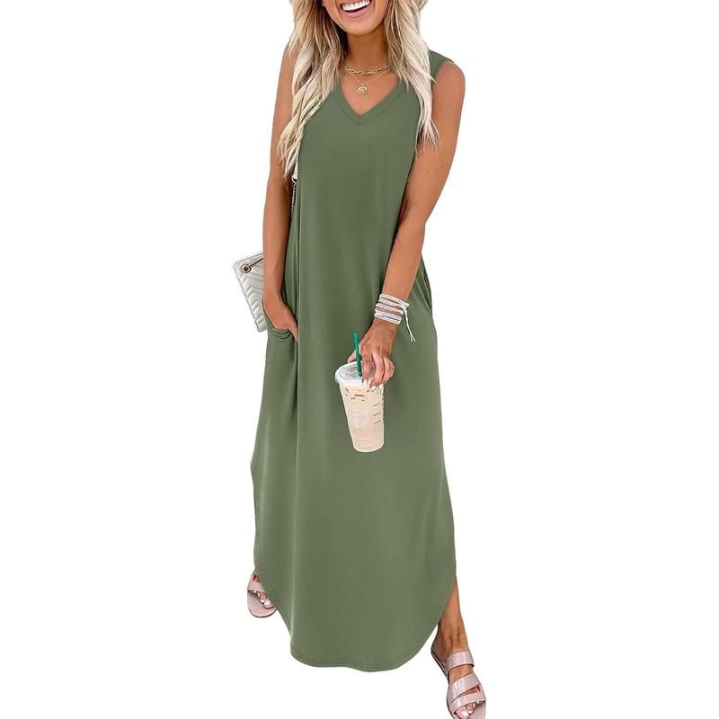💥Halbpreis-Ausverkauf🔥👗🌊 Damen Sommerkleid – Locker, Ärmellos, V-Ausschnitt mit Taschen, Ideal für Strand & Freizeit