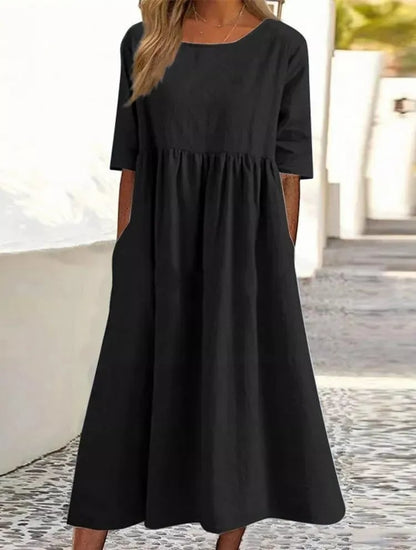 🌸🌸Frauen gelegentlich grundlegender Outdoor -Crew -Nahrung Taschenpocket Smocked Baumwollkleid