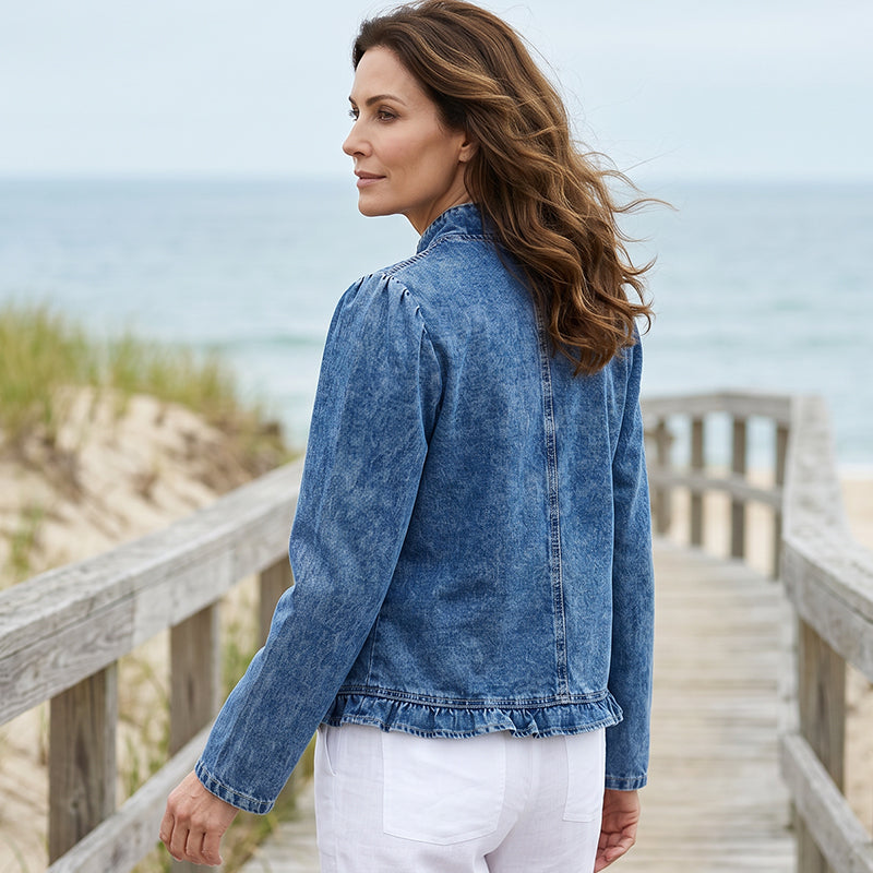 🔥Letzter Tag: 50% Rabatt!⏰👖Damen-Jeansjacke mit Rüschenbesatz und offenem Vorderteil – Leicht und feminin – Vielseitig und schick✨
