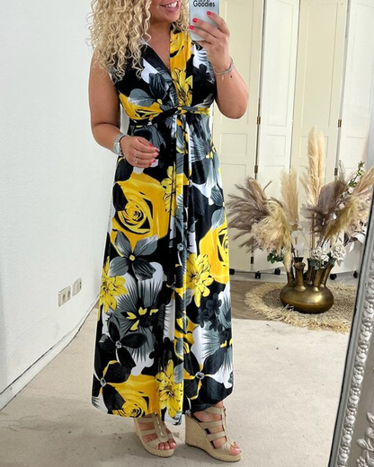 🔥Neue Sonderangebote - 49% RABATT😍Elegantes, ärmelloses Plisseekleid mit Blumendruck