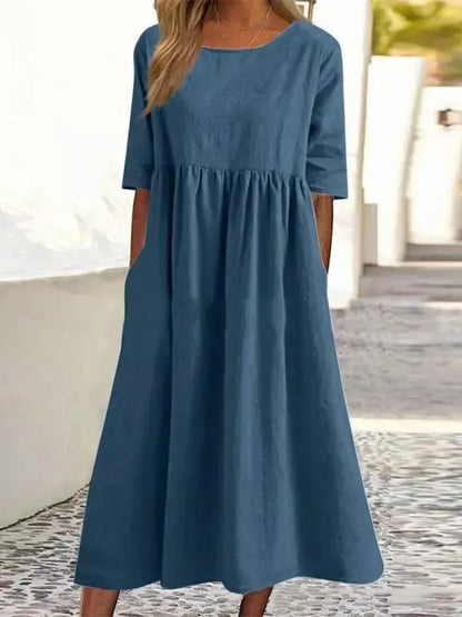 🌸🌸Frauen gelegentlich grundlegender Outdoor -Crew -Nahrung Taschenpocket Smocked Baumwollkleid