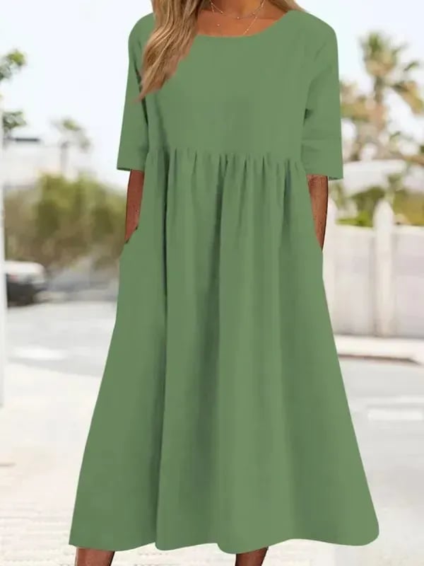 🌸🌸Frauen gelegentlich grundlegender Outdoor -Crew -Nahrung Taschenpocket Smocked Baumwollkleid