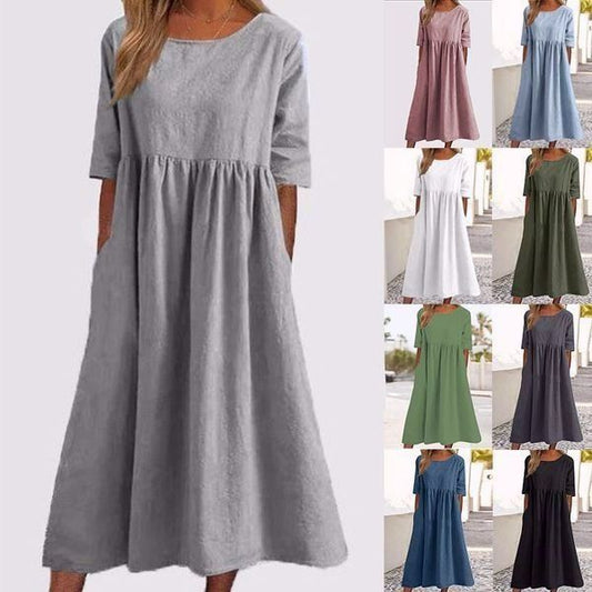 🌸🌸Frauen gelegentlich grundlegender Outdoor -Crew -Nahrung Taschenpocket Smocked Baumwollkleid