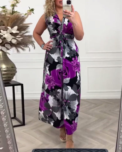 🔥Neue Sonderangebote - 49% RABATT😍Elegantes, ärmelloses Plisseekleid mit Blumendruck