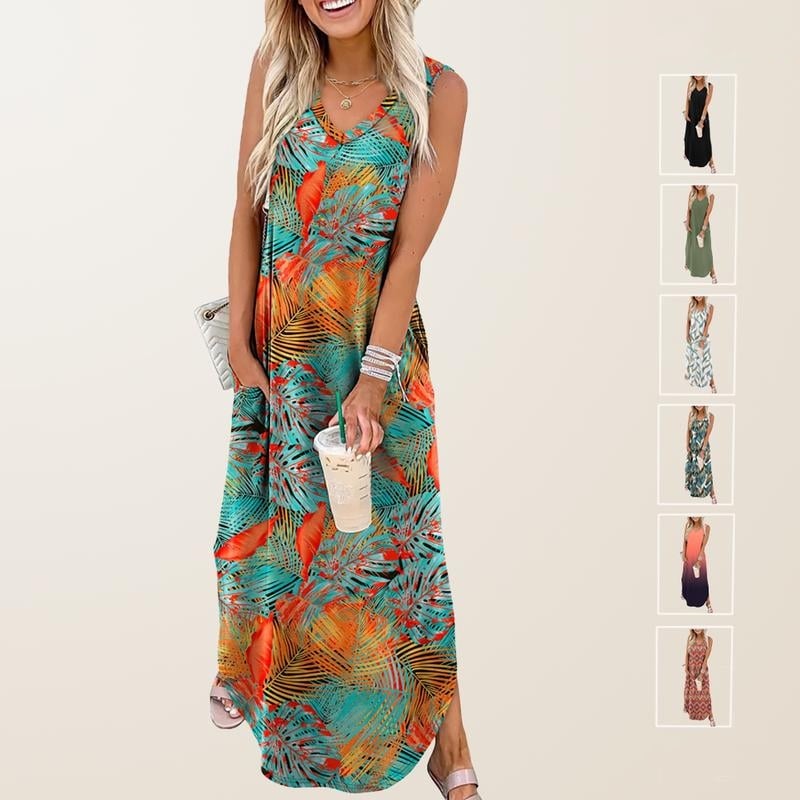 💥Halbpreis-Ausverkauf🔥👗🌊 Damen Sommerkleid – Locker, Ärmellos, V-Ausschnitt mit Taschen, Ideal für Strand & Freizeit