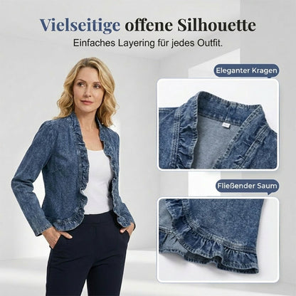 🔥Letzter Tag: 50% Rabatt!⏰👖Damen-Jeansjacke mit Rüschenbesatz und offenem Vorderteil – Leicht und feminin – Vielseitig und schick✨