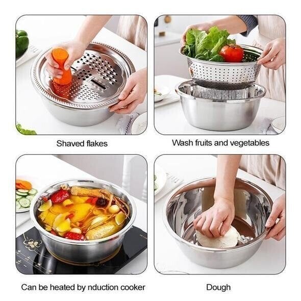 ⏳Zeitlich begrenzter 50% Rabatt⏰ Haushalts-Edelstahl 3-teiliges Gemüse-Hack- und Abtropfkorb-Set🥒🥔🧅