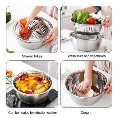 ⏳Zeitlich begrenzter 50% Rabatt⏰ Haushalts-Edelstahl 3-teiliges Gemüse-Hack- und Abtropfkorb-Set🥒🥔🧅