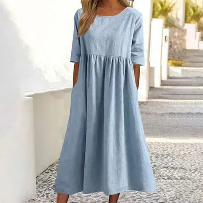 🌸🌸Frauen gelegentlich grundlegender Outdoor -Crew -Nahrung Taschenpocket Smocked Baumwollkleid