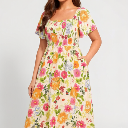 🔥Letzter Tag: 50% Rabatt!⏰🌸👗 Blumenkleid mit Raffungen, quadratischem Ausschnitt & Taschen🏖️