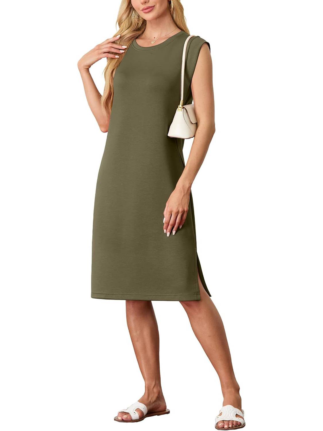 💥Lockeres Midikleid mit Rundhalsausschnitt und Schlitz und Taschen für Damen