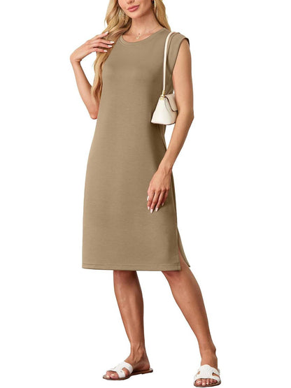 💥Lockeres Midikleid mit Rundhalsausschnitt und Schlitz und Taschen für Damen