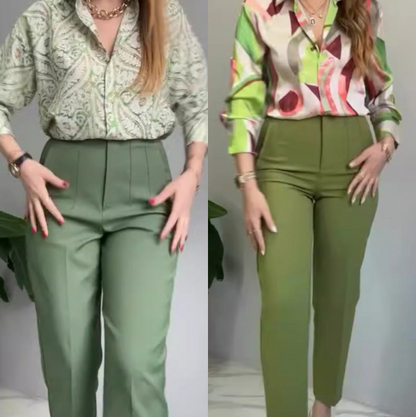 ⏳Begrenzte Zeit 50% Rabatt💥2-teiliges Set aus bedrucktem Hemd und Hose mit Knöpfen für Damen