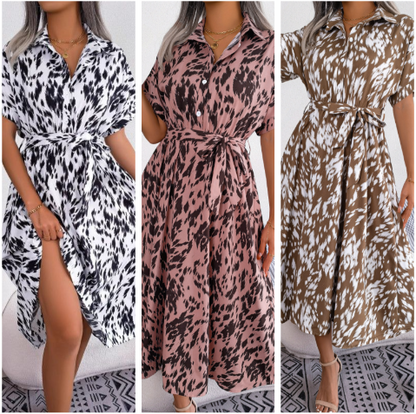 Langes Hemdkleid mit Leopardenmuster und V-Ausschnitt und Revers für Damen
