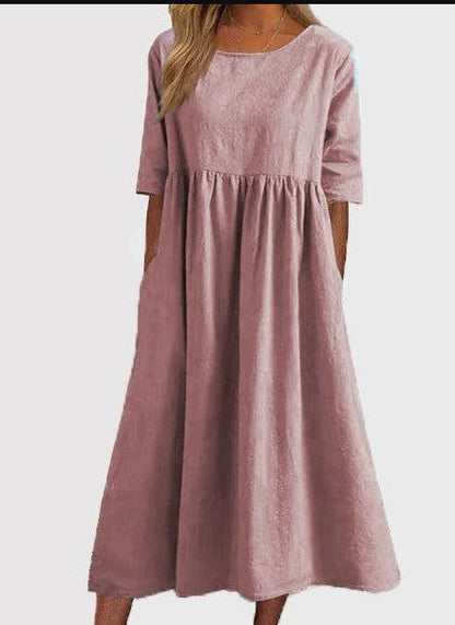 🌸🌸Frauen gelegentlich grundlegender Outdoor -Crew -Nahrung Taschenpocket Smocked Baumwollkleid
