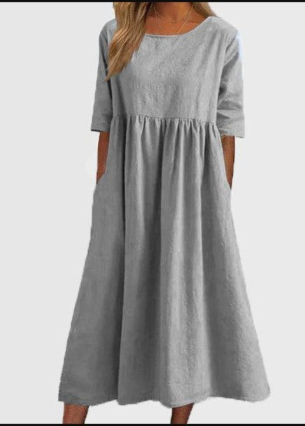 🌸🌸Frauen gelegentlich grundlegender Outdoor -Crew -Nahrung Taschenpocket Smocked Baumwollkleid