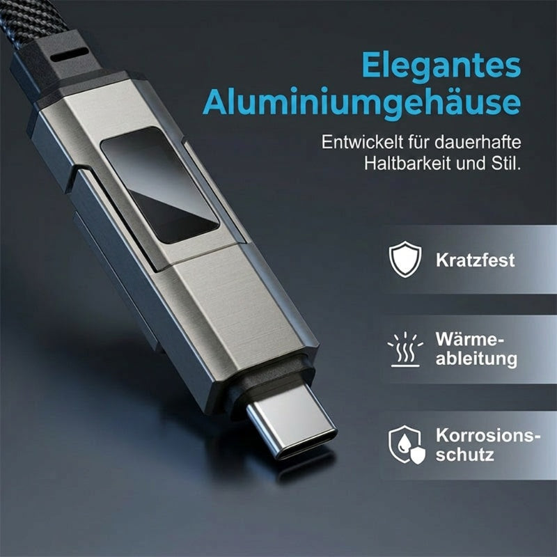 🔌 4-in-1-Ladekabel mit Digitalanzeige und Schlüsselanhänger – Schnellladefunktion, knickfest und kompakt